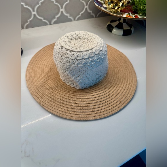 D&Y Boho Wide Brim Straw Sun Hat with White Lace Crown | Cottagecore Boutique main image 5